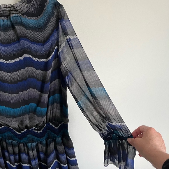 Diane Von Furstenburg Kelley Smocked Chiffon Silk Peacock Chevron Dress sz 12 - Picture 7 of 16